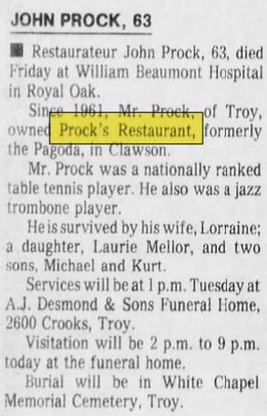 The Pagoda Restaurant & Cocktail Lounge (Procks) - Jul 6 1987 Obituary For John Prock